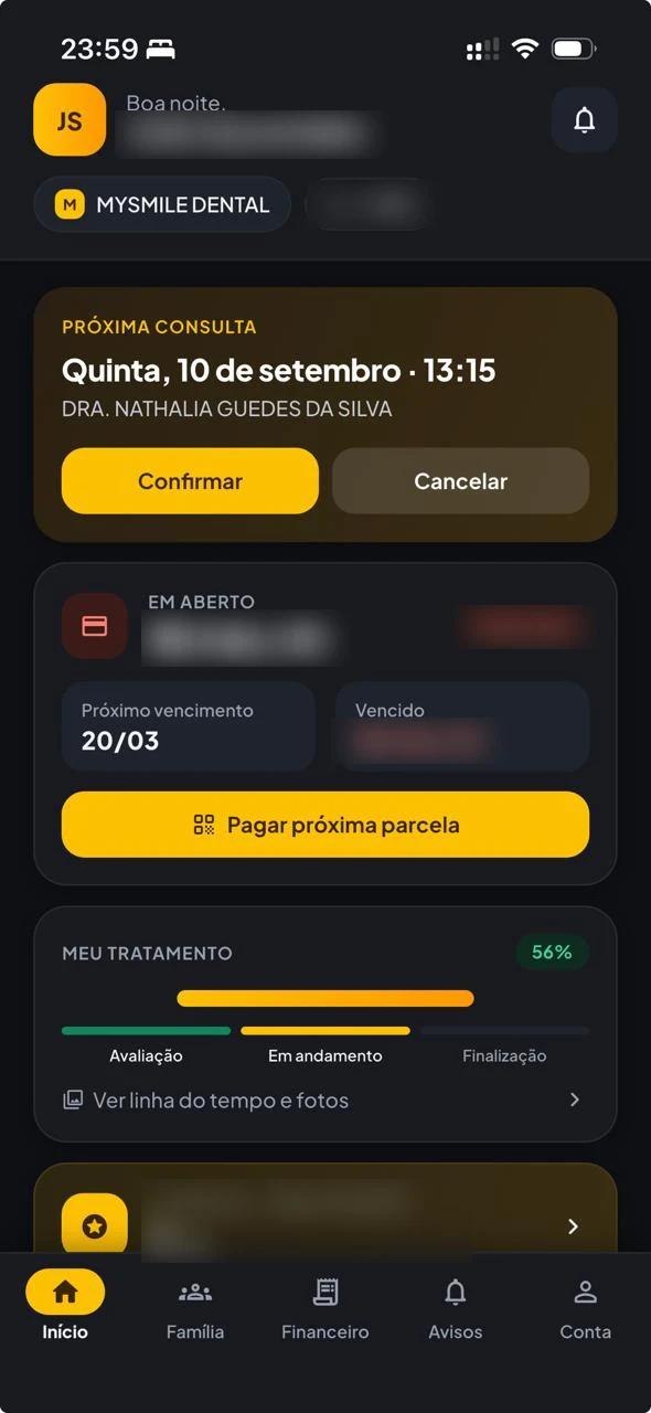 Tela do aplicativo da MySmile Dental mostrando a próxima consulta agendada e o progresso do tratamento do paciente