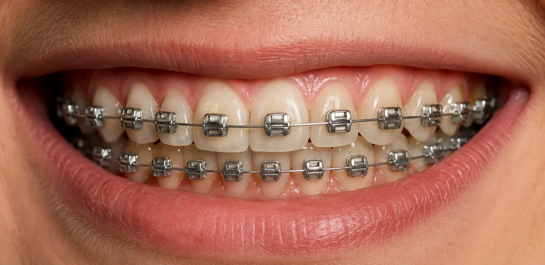 Close de um sorriso com aparelho ortodôntico autoligado, sem borrachinhas